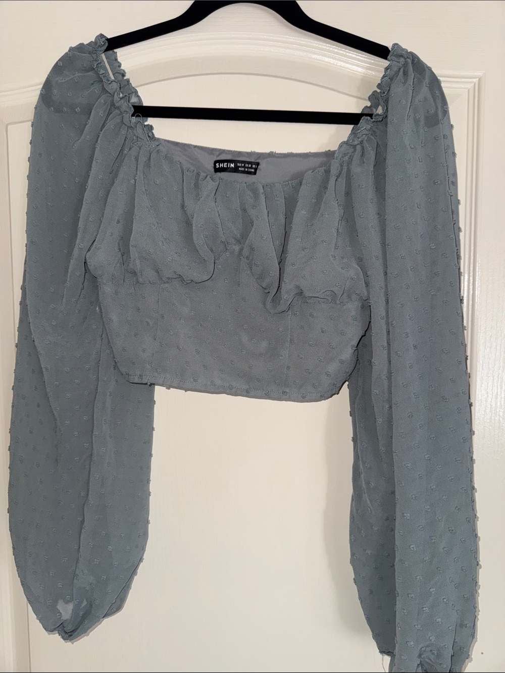 SHEIN Dusty Blue Swiss Dot Puff-Sleeve Crop Blouse